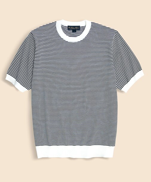 コットン/シルク ストライプ クルーネック ショートスリーブセーター