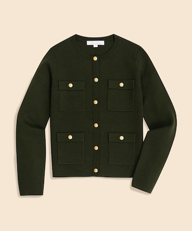 ミラノリブ ゴールドボタン ノーカラーニットジャケット