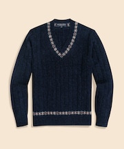 ウール　ケーブル　フェアアイルトリム　Vネックテニスセーター