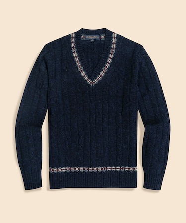 ウール ケーブル フェアアイルトリム Vネックテニスセーター