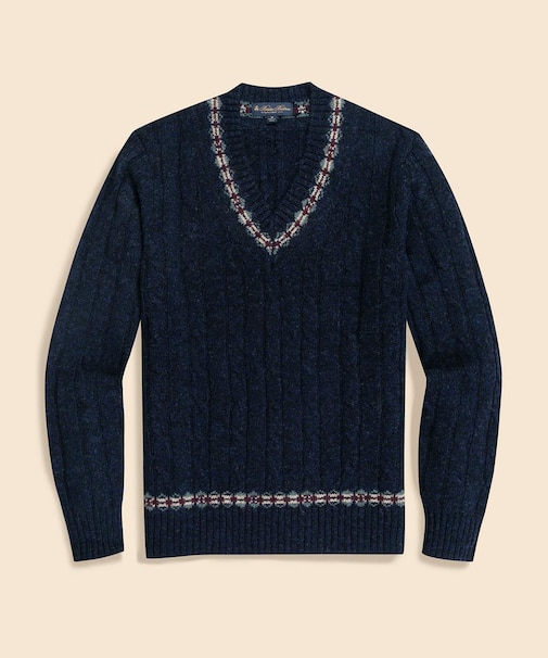ウール ケーブル フェアアイルトリム Vネックテニスセーター