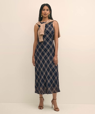 レーヨンシフォン　タータンチェック　ノースリーブ　ロングワンピース