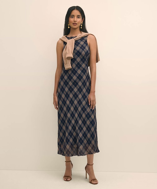 レーヨンシフォン　タータンチェック　ノースリーブ　ロングワンピース