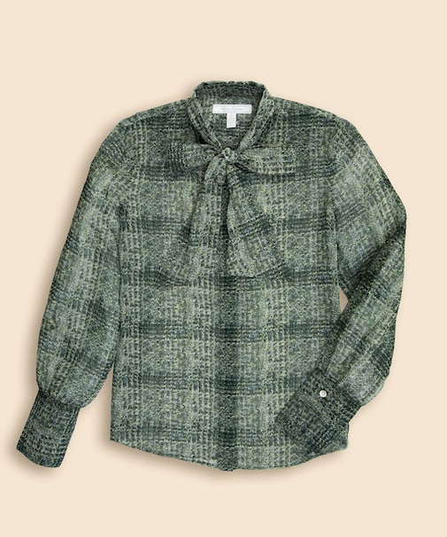 ポリエステルジョーゼット ツイードファブリックプリント ボウブラウス