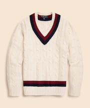 ウール　ケーブル　Vネックテニスセーター