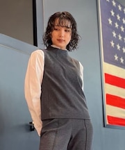 ポリエステル／コットン　ノースリーブ　モックネックニットトップ