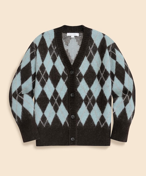 キッドモヘアブレンド　チョコミントアーガイル　Vネックカーディガン