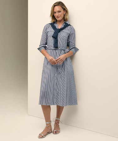 コットン／シルク　ストライプ　ダブルパッチポケット　ベルテッドシャツワンピース