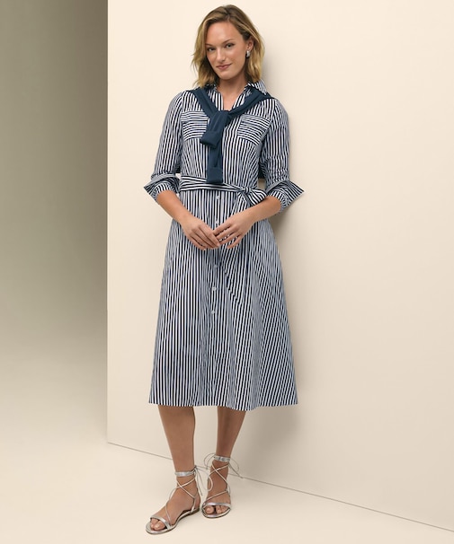 コットン／シルク　ストライプ　ダブルパッチポケット　ベルテッドシャツワンピース