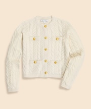 メリノウール／カシミヤ　ケーブル　ゴールドボタン　クルーネックカーディガン