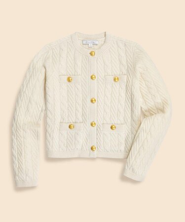 メリノウール/カシミヤ ケーブル ゴールドボタン クルーネックカーディガン