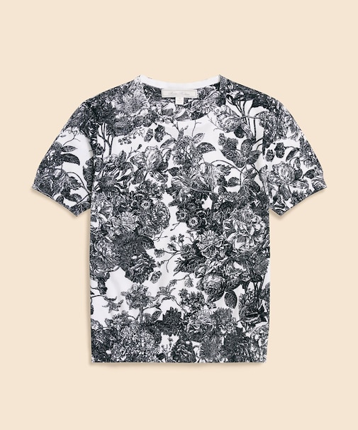 コットン　フローラルプリント　クルーネック　ショートスリーブセーター