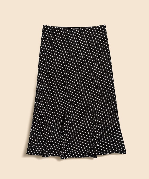 ビスコースクレープ　ドットプリント　Aライン　ミモレスカート