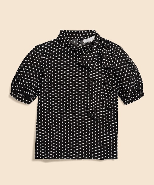 ビスコースクレープ　ドットプリント　タイネックブラウス