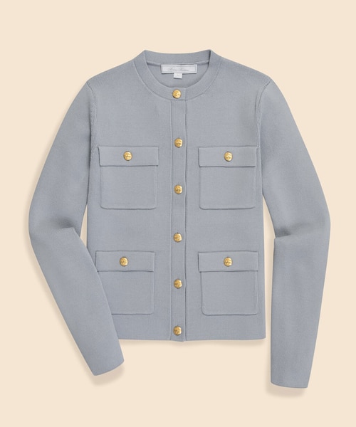 ポリエステル／コットン ミラノリブ ゴールドボタン ノーカラーニット