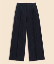 リネンブレンド　ピンストライプ　プリーテッド　ワイドレッグパンツ