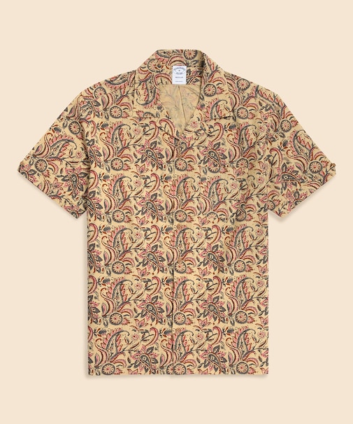 コットン　ブロックプリントパターン　ペイズリー　オープンカラーシャツ　Regular Fit