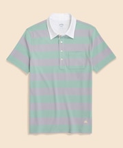 スーピマコットンストレッチ　GFロゴ　ストライプ　オックスフォードカラー　ポロシャツ