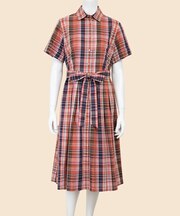 コットン／リネン　マドラスチェック　ショートスリーブシャツワンピース