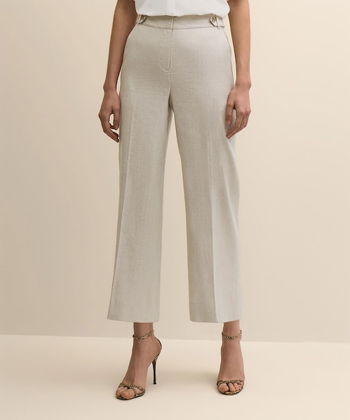 リネンブレンド　サイドタブ　ワイドレッグ　クロップドパンツ