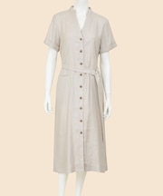 リネンブレンド　Vネックベルテッド　ショートスリーブ　シャツワンピース