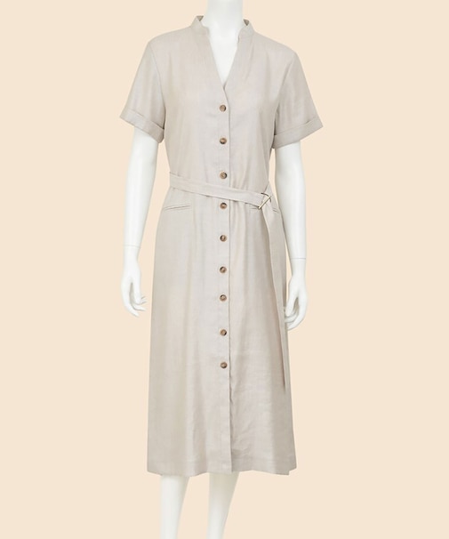リネンブレンド Vネックベルテッド ショートスリーブ シャツワンピース