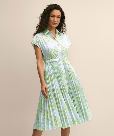 ポリエステル フローラルプリント プリーツ シャツドレス