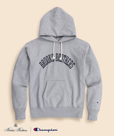 Brooks Brothers×Champion USAコットン ラバープリントロゴ フーデッド スウェットシャツ Made in USA