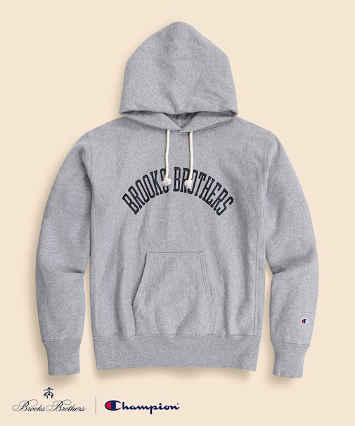 Brooks Brothers×Champion USAコットン ラバープリントロゴ フーデッド スウェットシャツ Made in USA