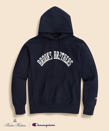 Brooks Brothers×Champion USAコットン ラバープリントロゴ フーデッド スウェットシャツ Made in USA