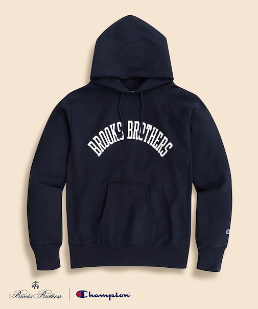 Brooks Brothers×Champion USAコットン ラバープリントロゴ フーデッド スウェットシャツ Made in USA