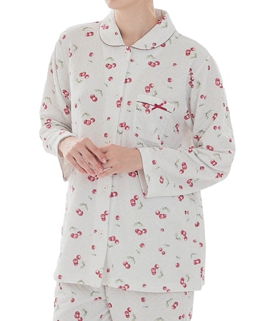 接結（綿入り）チェリーシャツパジャマ 上下セット ルームウェア 部屋着 あたたか 綿混 お肌に優しい 着心地がいい やわらか リラックス 大人可愛い かわいい フルーツ柄 さくらんぼ