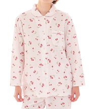 接結（綿入り）チェリーシャツパジャマ 上下セット ルームウェア 部屋着 あたたか 綿混 お肌に優しい 着心地がいい やわらか リラックス 大人可愛い かわいい フルーツ柄 さくらんぼ