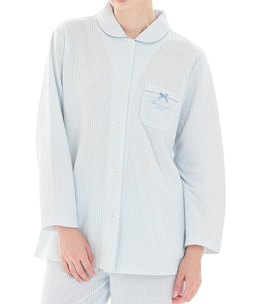 接結（綿入り）ストライプシャツパジャマ 上下セット ルームウェア 部屋着 あたたか 綿混 お肌に優しい 着心地がいい やわらか リラックス 大人可愛い かわいい さわやか ストライプ柄 上品