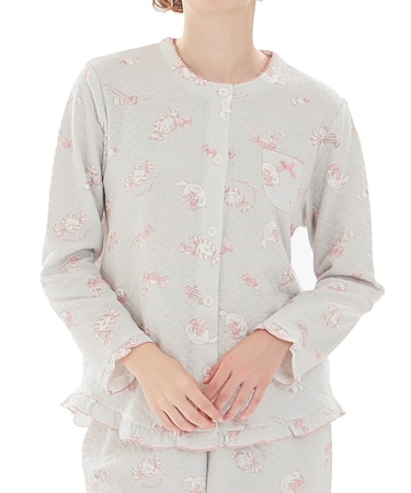 接結（綿入り）ボンボンキャットフリルパジャマ 上下セット ルームウェア 部屋着 あたたか 綿混 お肌に優しい 着心地がいい やわらか リラックス 大人可愛い かわいい 花柄 バラ 上品 エレガント