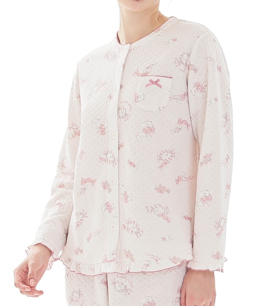 接結（綿入り）ボンボンキャットフリルパジャマ 上下セット ルームウェア 部屋着 あたたか 綿混 お肌に優しい 着心地がいい やわらか リラックス 大人可愛い かわいい 花柄 バラ 上品 エレガント