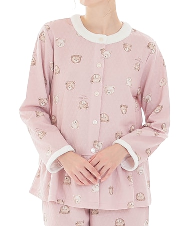 接結（綿入り）くまペプラムパジャマ 上下セット ルームウェア 部屋着 あたたか 綿混 お肌に優しい 着心地がいい やわらか リラックス 大人可愛い かわいい 動物柄 クマ ベア
