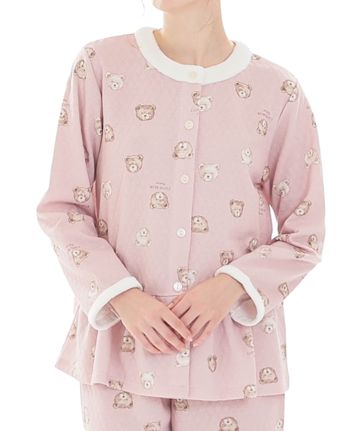 接結（綿入り）くまペプラムパジャマ 上下セット ルームウェア 部屋着 あたたか 綿混 お肌に優しい 着心地がいい やわらか リラックス 大人可愛い かわいい 動物柄 クマ ベア