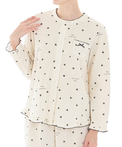 接結（綿入り）ハートフリルパジャマ 上下セット ルームウェア 部屋着 あたたか 綿混 お肌に優しい 着心地がいい やわらか リラックス 大人可愛い かわいい 紅茶 ケーキ