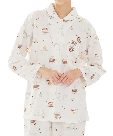 接結（綿入り）アフタヌーンティーシャツパジャマ 上下セット ルームウェア 部屋着 あたたか 綿混 お肌に優しい 着心地がいい やわらか リラックス 大人可愛い かわいい 紅茶 ケーキ