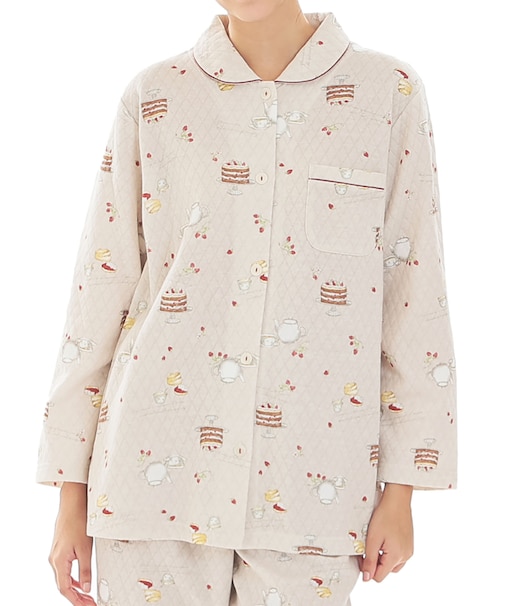 接結（綿入り）アフタヌーンティーシャツパジャマ 上下セット ルームウェア 部屋着 あたたか 綿混 お肌に優しい 着心地がいい やわらか リラックス 大人可愛い かわいい 紅茶 ケーキ