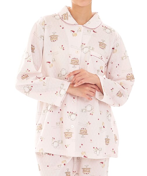 接結（綿入り）アフタヌーンティーシャツパジャマ 上下セット ルームウェア 部屋着 あたたか 綿混 お肌に優しい 着心地がいい やわらか リラックス 大人可愛い かわいい 紅茶 ケーキ