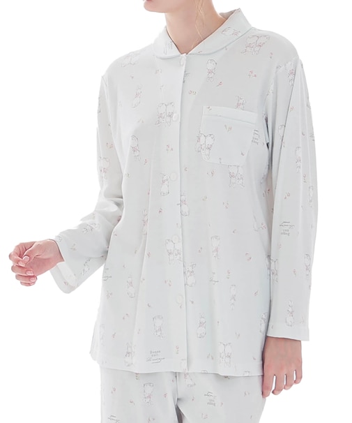 スムースうさぎローズシャツパジャマ 上下セット ルームウェア 部屋着 綿100％ お肌に優しい 着心地がいい やわらか リラックス 大人可愛い かわいい 控えめ 上品 花柄