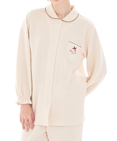 接結（綿入り）ムジシャツパジャマ 上下セット ルームウェア 部屋着 あたたか 綿混 お肌に優しい 着心地がいい やわらか リラックス 大人可愛い かわいい 無地 上品