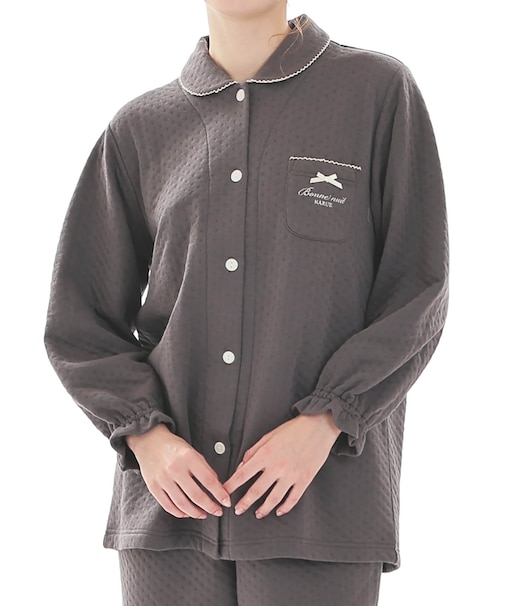 接結（綿入り）ムジシャツパジャマ 上下セット ルームウェア 部屋着 あたたか 綿混 お肌に優しい 着心地がいい やわらか リラックス 大人可愛い かわいい 無地 上品