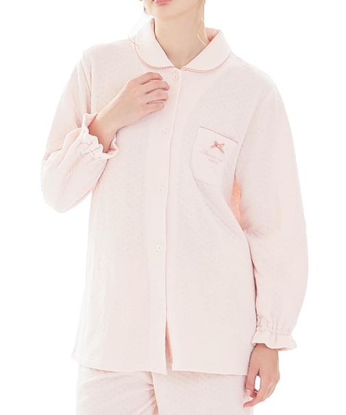 接結（綿入り）ムジシャツパジャマ 上下セット ルームウェア 部屋着 あたたか 綿混 お肌に優しい 着心地がいい やわらか リラックス 大人可愛い かわいい 無地 上品