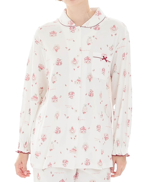 スムーススイーツシャツパジャマ 上下セット ルームウェア 部屋着 綿100％ お肌に優しい 着心地がいい やわらか リラックス 大人可愛い かわいい スイーツ柄 上品