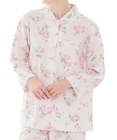 接結（綿入り）ローズシャツパジャマ 上下セット ルームウェア 部屋着 あたたか 綿混 お肌に優しい 着心地がいい やわらか リラックス 大人可愛い かわいい 花柄 バラ 上品 エレガント