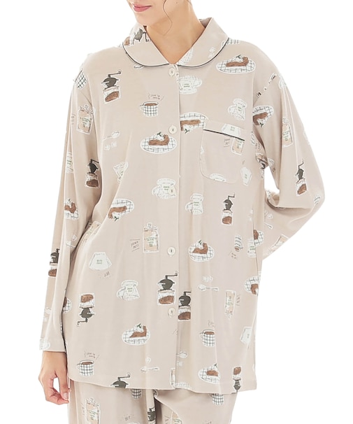 スムースコーヒーシャツパジャマ 上下セット ルームウェア 部屋着 綿100％ お肌に優しい 着心地がいい やわらか リラックス 大人可愛い かわいい おしゃれ コーヒー リラックスタイム