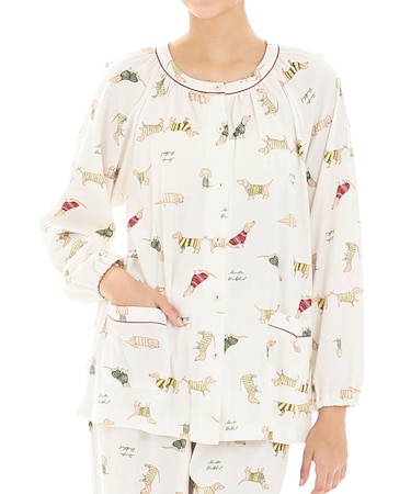 スムースダックスフンドパジャマ 上下セット ルームウェア 部屋着 綿100％ お肌に優しい 着心地がいい やわらか リラックス 大人可愛い かわいい おしゃれ 犬 犬好き 動物柄